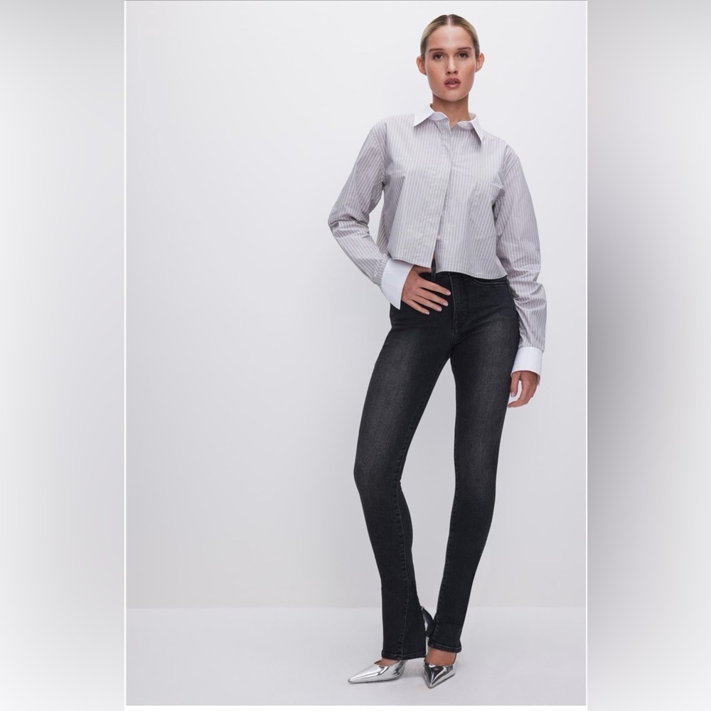 NEW GOOD AMERICAN Poplin crop shirt in good stripe  gray 005